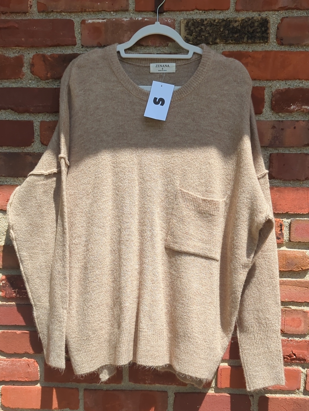 Zenana Outfitters Women's Crewneck Pocket Sweater in Tan